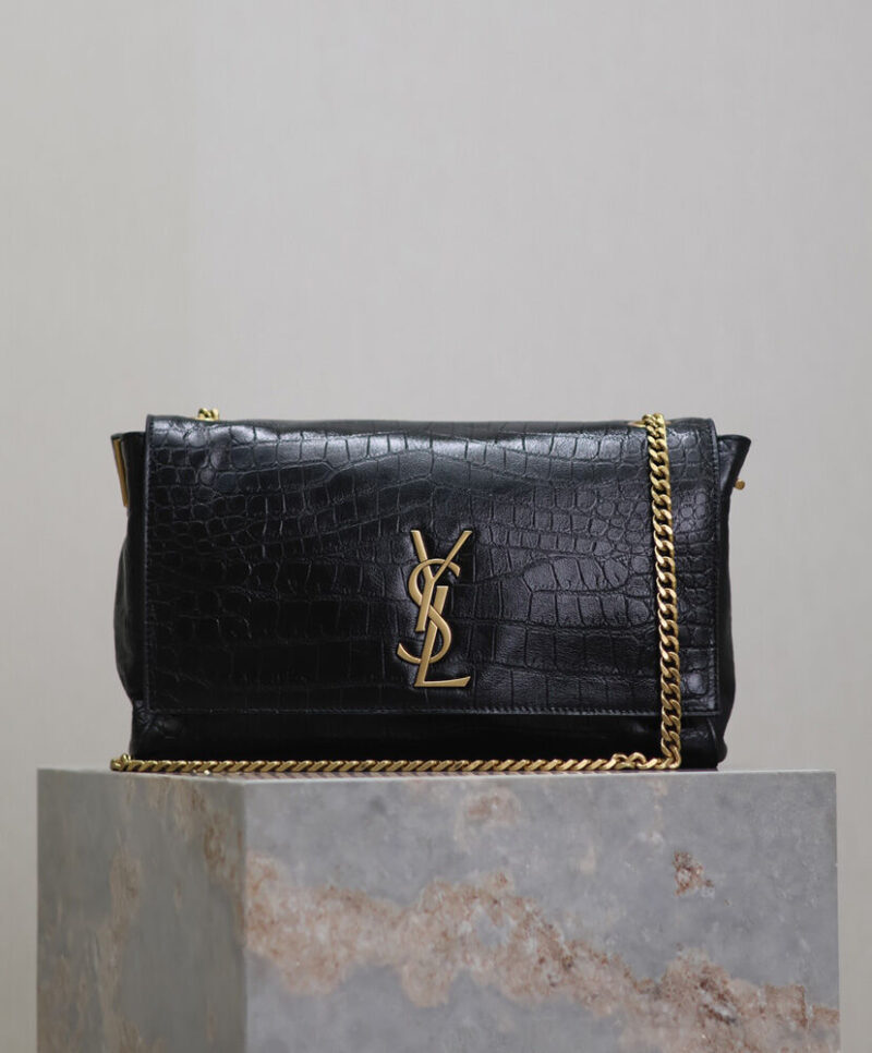 Saint Laurent Reversible Kate Medium In Crocodile-Embossed Leather Black